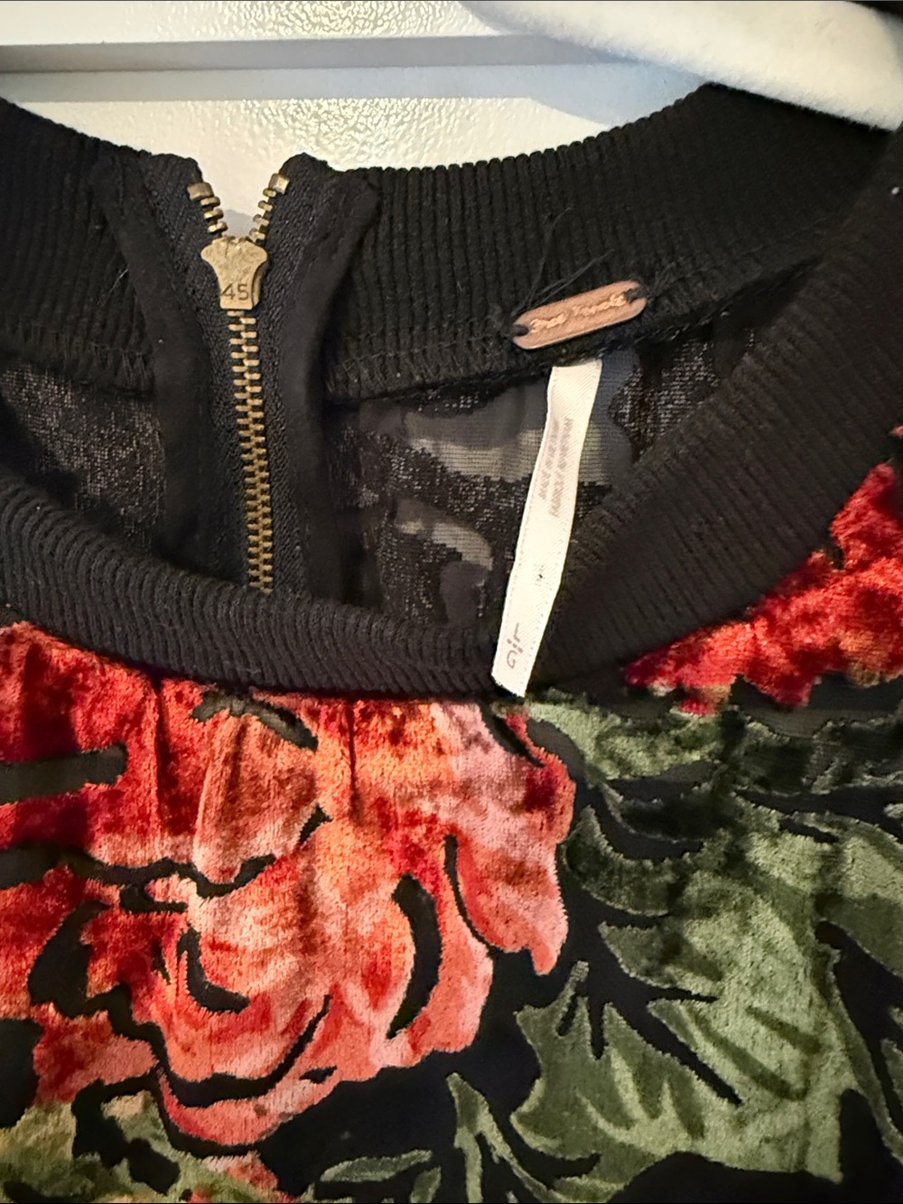Free People Black Velvet Mini Dress with Red & Green Floral Appliqué - Picture 2 of 3